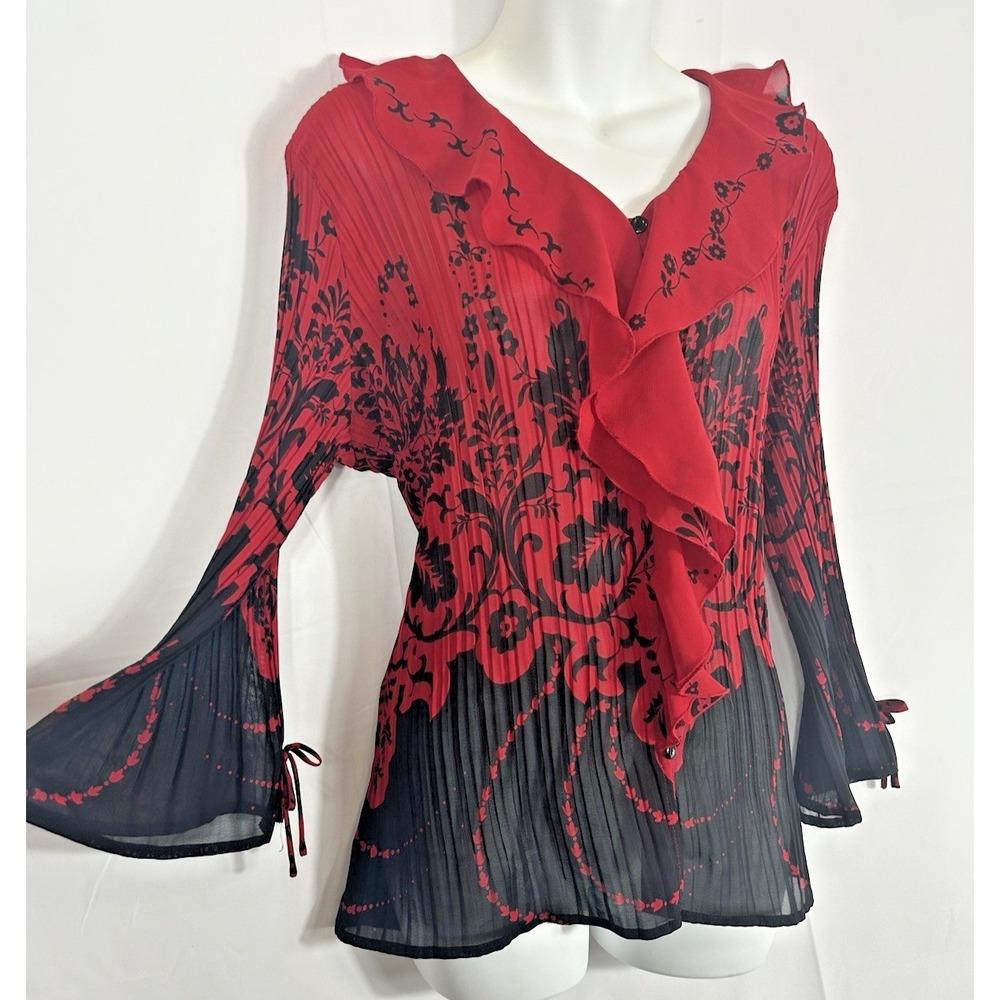Womens Y2K Sheer Crinkle Blouse Size L Black/Red Fairy Grunge Goth Academia Vamp